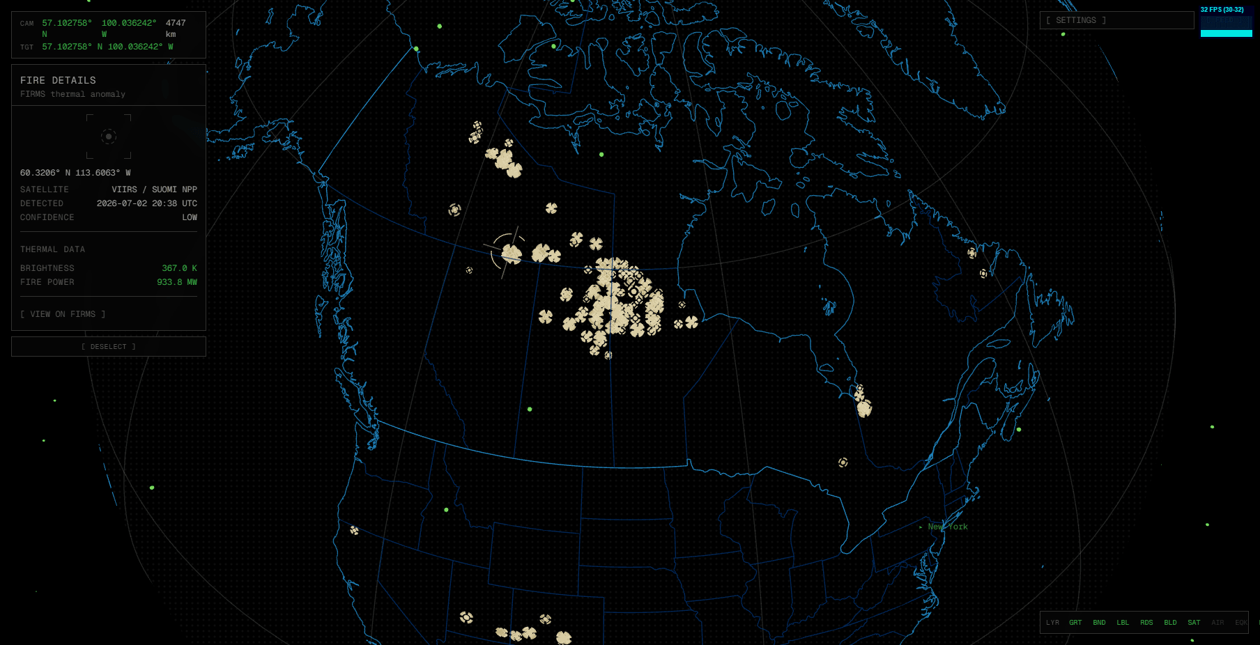 Fire layer over the Northwest Territories and Saskatchewan, detail panel showing a 933.8 MW VIIRS detection